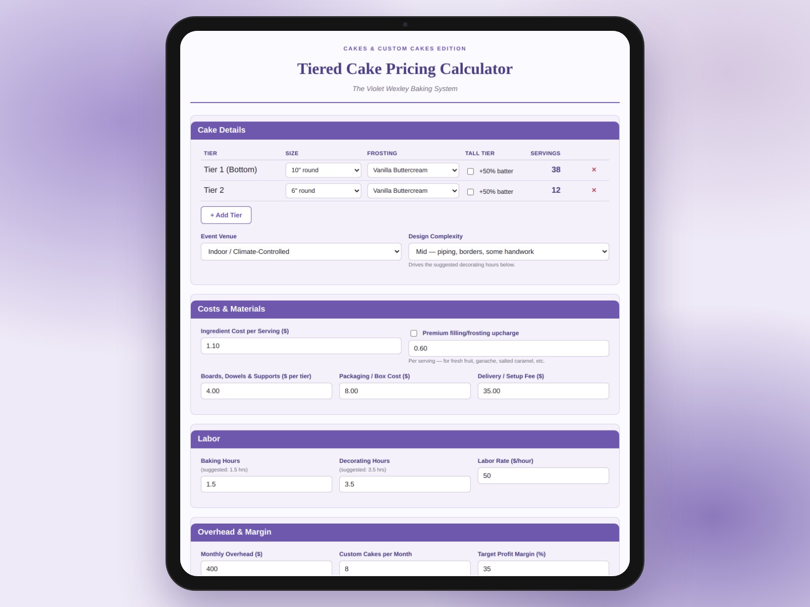 Tiered Cake Pricing Calculator