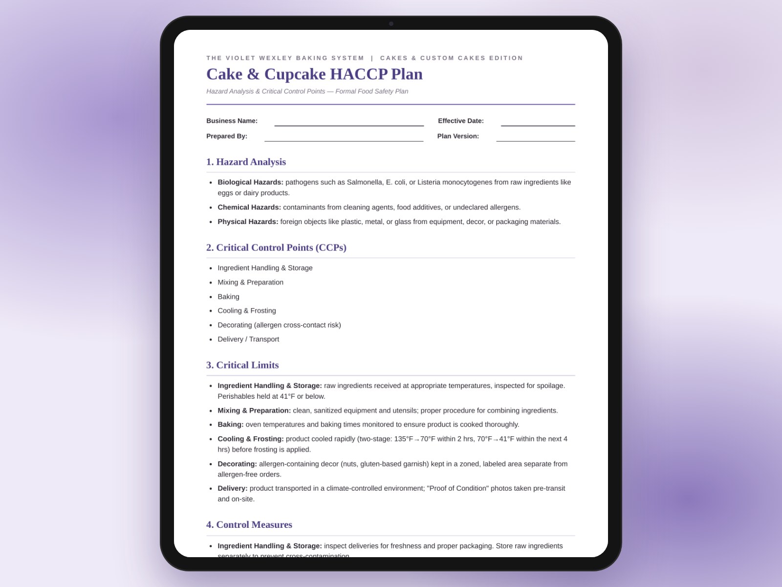 Cake & Cupcake HACCP Plan