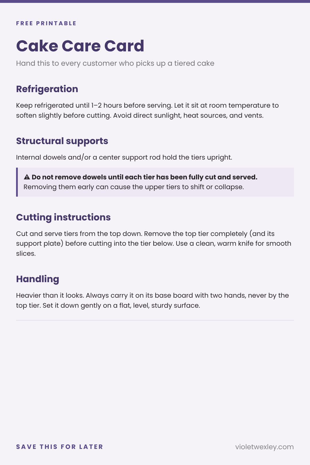 Cake care card with four sections: refrigeration, structural supports and dowels, cutting instructions from the top tier down, and handling.