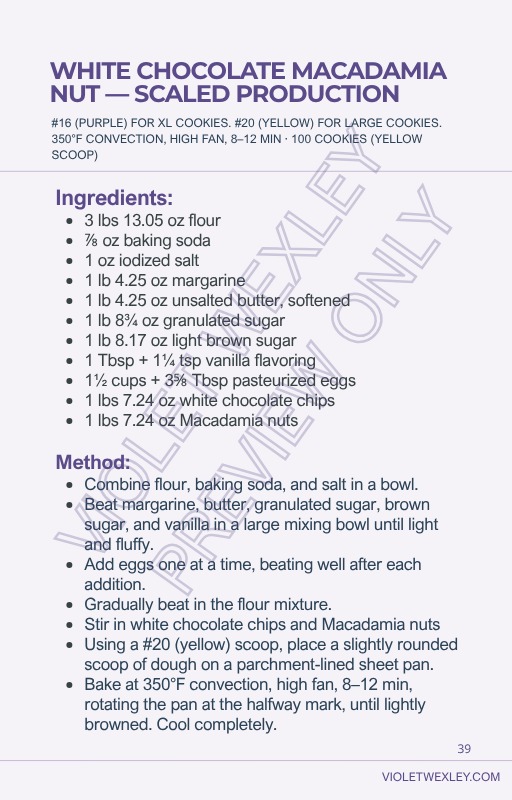 Cookie Book preview — White Chocolate Macadamia Nut recipe, scaled production